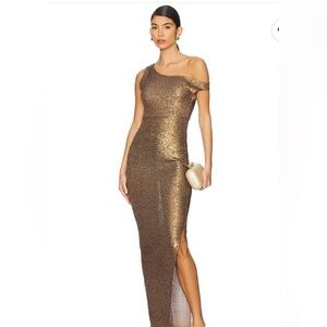 NORMA KAMALI Bronze off the shoulder fitted, Sequins, Maxi dress. Size XS NEW